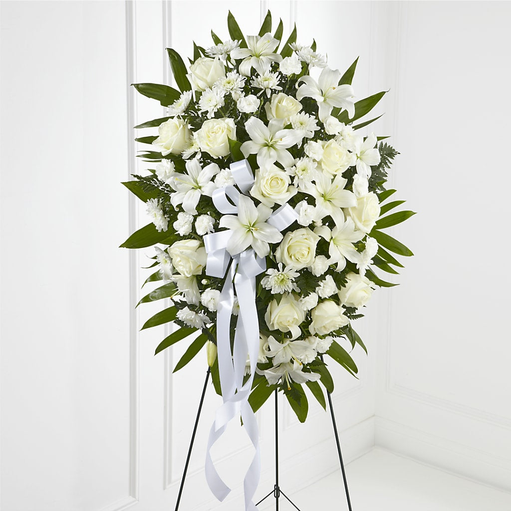 Exquisite Tribute Standing Spray-White Ribbon – Misrak Dicore And Event Organizer, Springfield VA